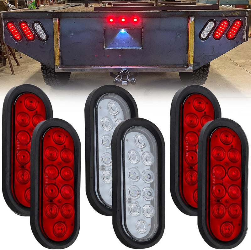 Partswcgg 6Pcs 6 Inch Oval LED Trailer Tail Lights 10 LED, 4 Red and 2 White 6" Oval Led Stop Turn Tail Lights Brake Reverse Back Up Trailer Lights w/Flush Mount Grommets Plugs Waterproof for RV Truck Bus 12V - Image 1
